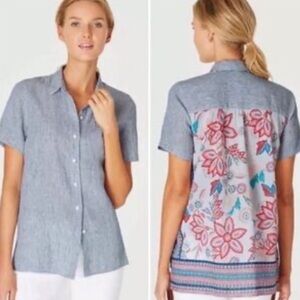 J. Jill Linen Blue & White Short Sleeve Button Front Top L petite